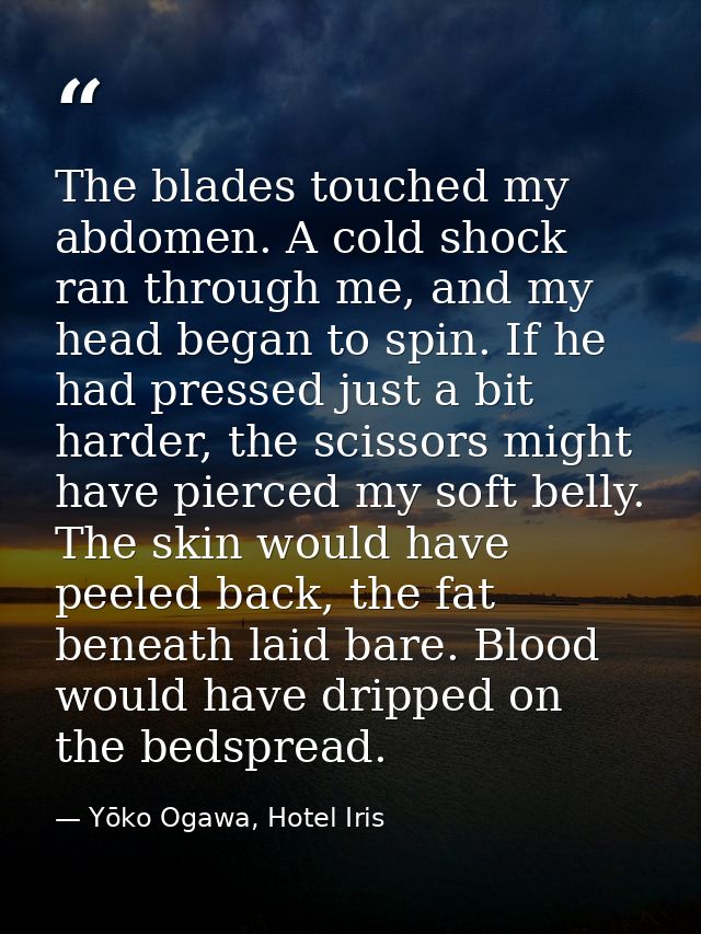 The blades touched my abdomen. A cold shock ran through me, and my head began to spin. If he had pressed just a bit hard — Yōko Ogawa, Hotel Iris