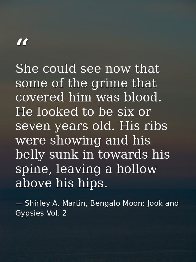 She could see now that some of the grime that covered him was blood. He looked to be six or seven years old. His ribs we — Shirley A. Martin, Bengalo Moon: Jook and Gypsies Vol. 2
