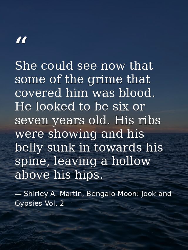 She could see now that some of the grime that covered him was blood. He looked to be six or seven years old. His ribs we — Shirley A. Martin, Bengalo Moon: Jook and Gypsies Vol. 2