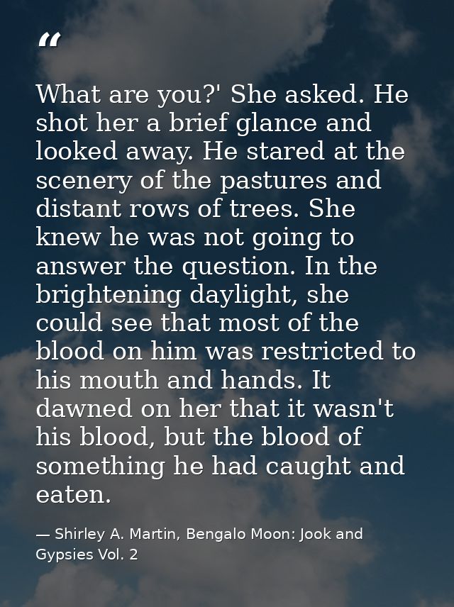 What are you?' She asked. He shot her a brief glance and looked away. He stared at the scenery of the pastures and dista — Shirley A. Martin, Bengalo Moon: Jook and Gypsies Vol. 2