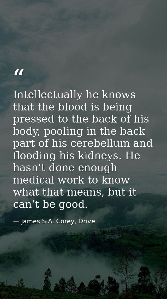 Intellectually he knows that the blood is being pressed to the back of his body, pooling in the back part of his cerebel — James S.A. Corey, Drive
