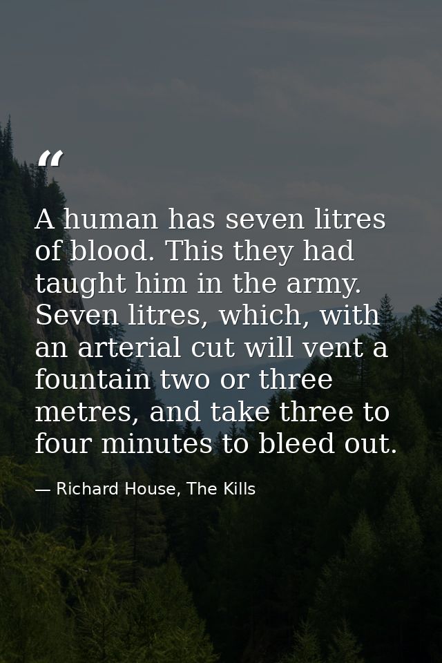 A human has seven litres of blood. This they had taught him in the army. Seven litres, which, with an arterial cut will  — Richard House, The Kills