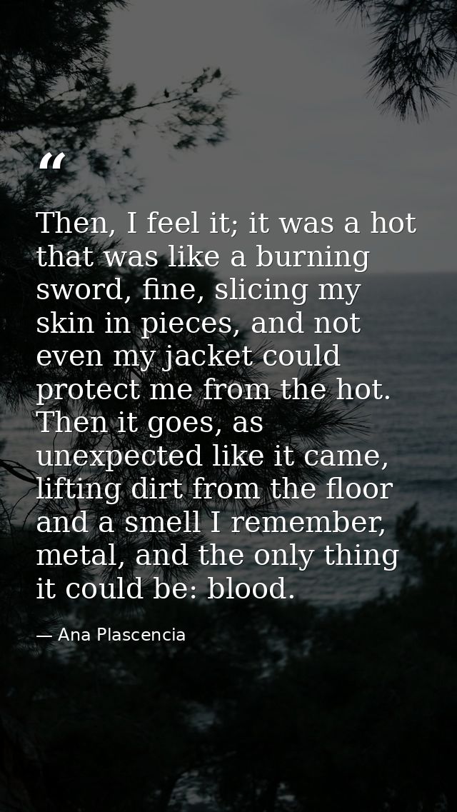 Then, I feel it; it was a hot that was like a burning sword, fine, slicing my skin in pieces, and not even my jacket cou — Ana Plascencia