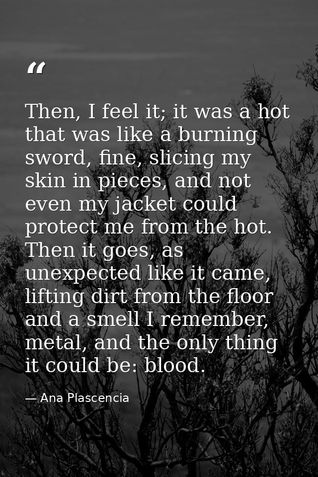 Then, I feel it; it was a hot that was like a burning sword, fine, slicing my skin in pieces, and not even my jacket cou — Ana Plascencia