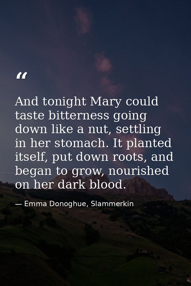 And tonight Mary could taste bitterness going down like a nut, settling in her stomach. It planted itself, put down root — Emma Donoghue, Slammerkin