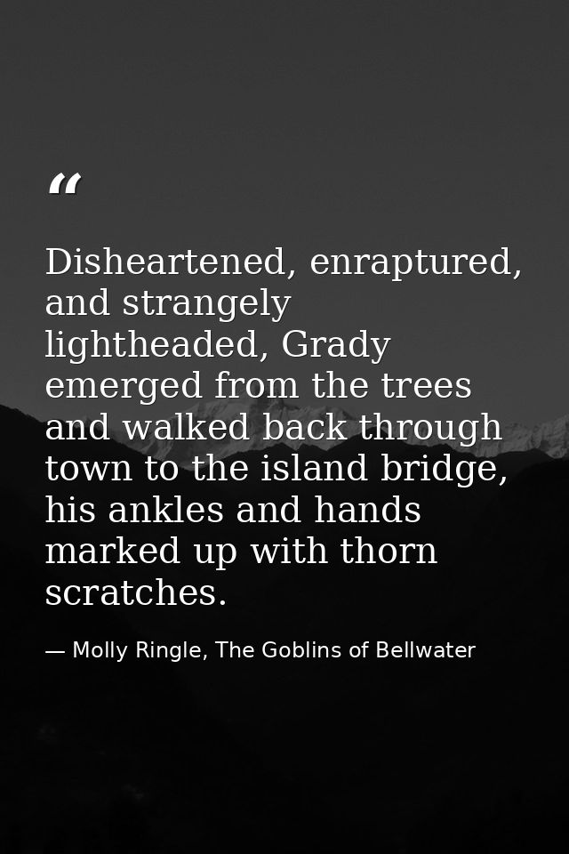 Disheartened, enraptured, and strangely lightheaded, Grady emerged from the trees and walked back through town to the is — Molly Ringle, The Goblins of Bellwater