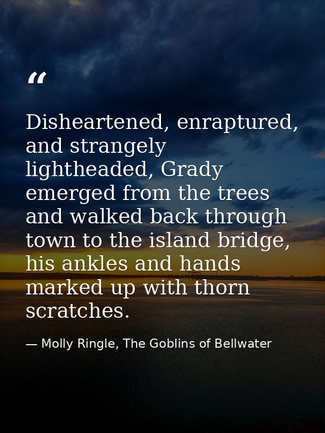 Disheartened, enraptured, and strangely lightheaded, Grady emerged from the trees and walked back through town to the is — Molly Ringle, The Goblins of Bellwater