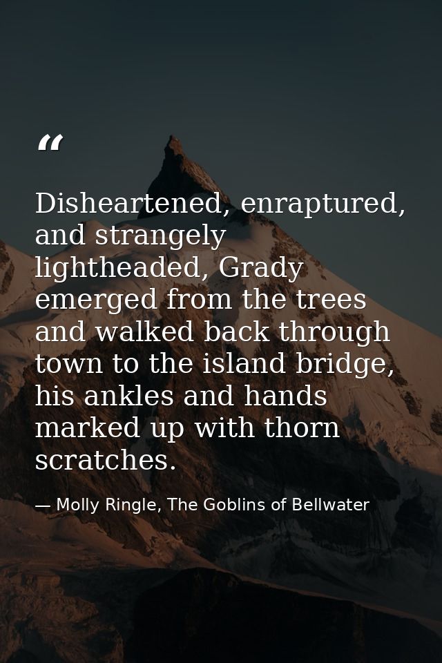 Disheartened, enraptured, and strangely lightheaded, Grady emerged from the trees and walked back through town to the is — Molly Ringle, The Goblins of Bellwater