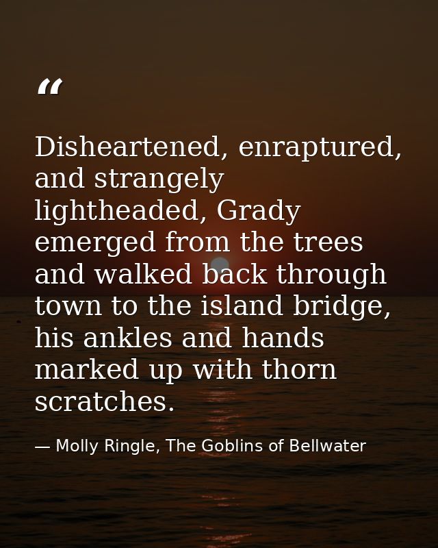 Disheartened, enraptured, and strangely lightheaded, Grady emerged from the trees and walked back through town to the is — Molly Ringle, The Goblins of Bellwater