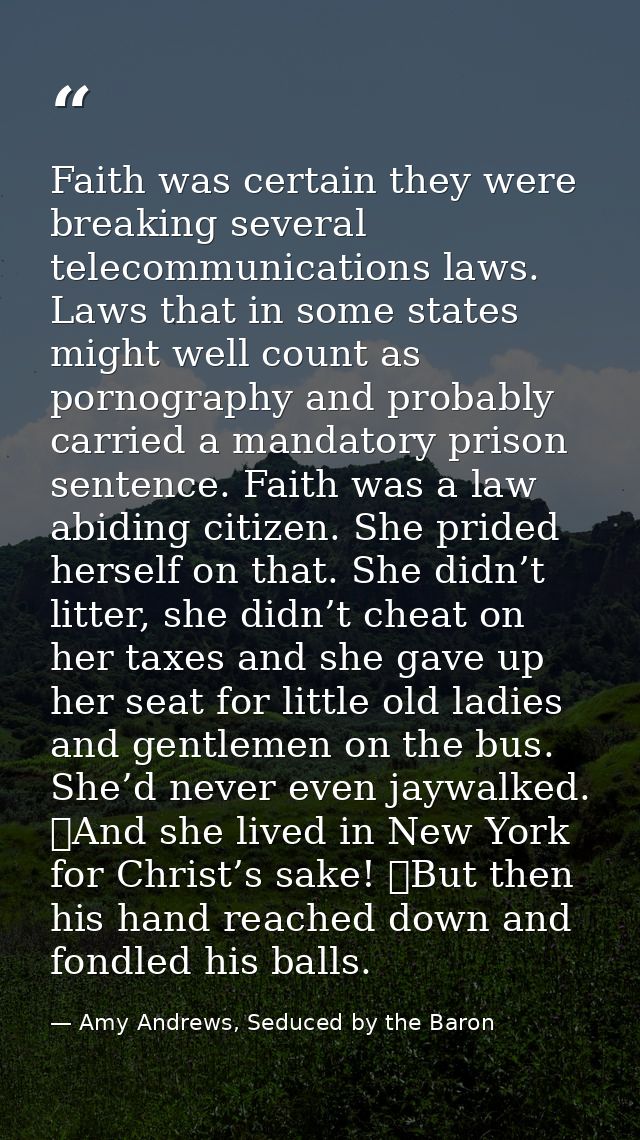 Faith was certain they were breaking several telecommunications laws. Laws that in some states might well count as porno — Amy Andrews, Seduced by the Baron
