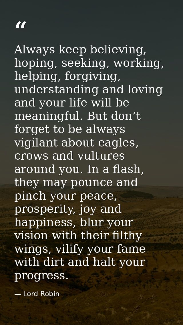 Always keep believing, hoping, seeking, working, helping, forgiving, understanding and loving and your life will be mean — Lord Robin