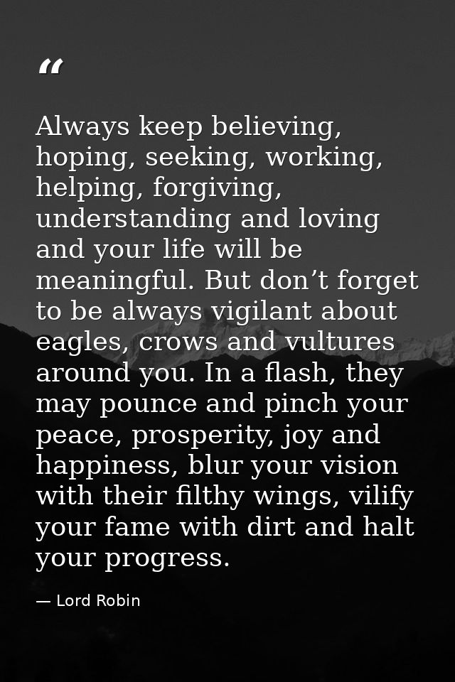Always keep believing, hoping, seeking, working, helping, forgiving, understanding and loving and your life will be mean — Lord Robin