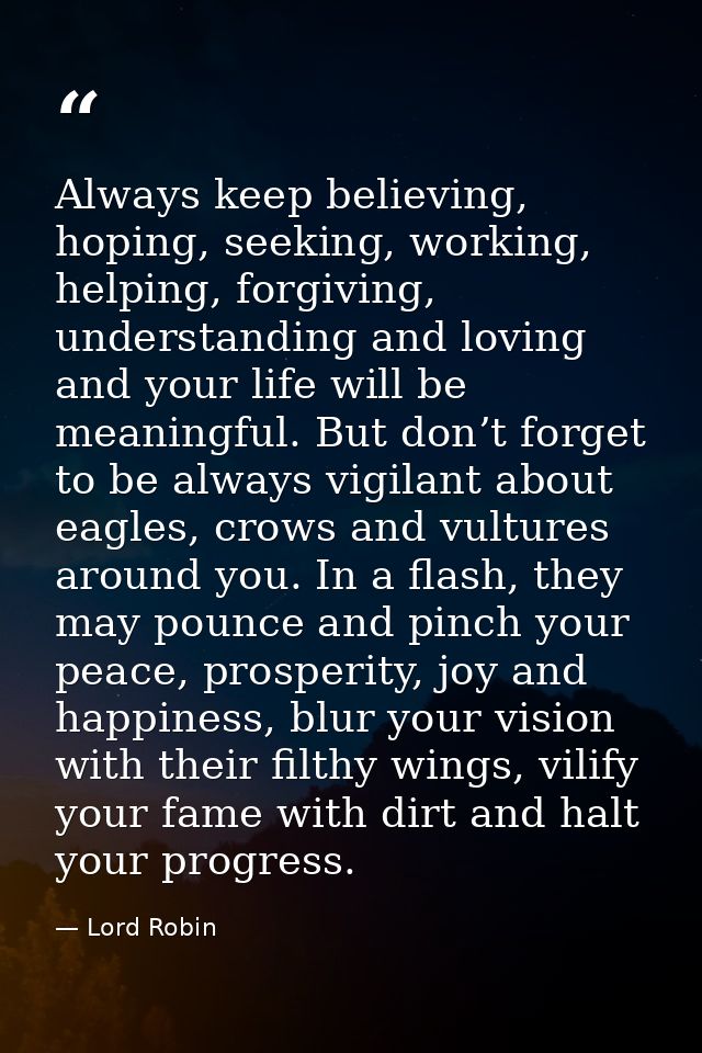 Always keep believing, hoping, seeking, working, helping, forgiving, understanding and loving and your life will be mean — Lord Robin