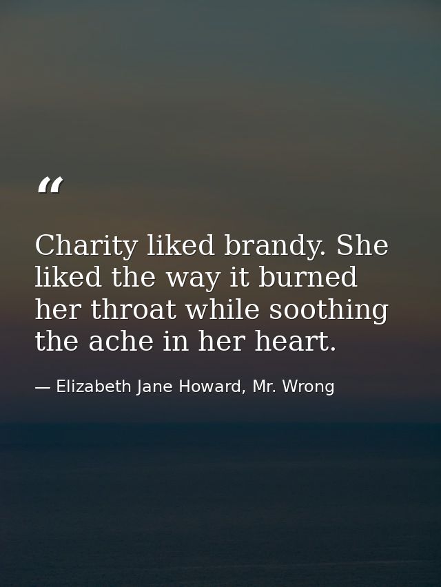Charity liked brandy. She liked the way it burned her throat while soothing the ache in her heart. — Elizabeth Jane Howard, Mr. Wrong