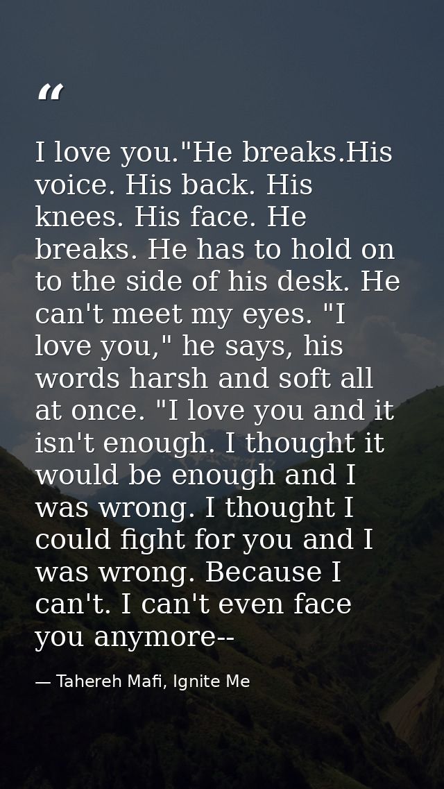 I love you."He breaks.His voice. His back. His knees. His face. He breaks. He has to hold on to the side of his desk. He — Tahereh Mafi, Ignite Me