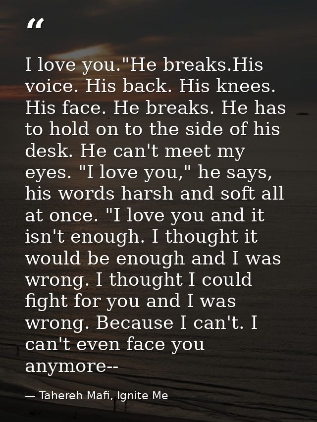 I love you."He breaks.His voice. His back. His knees. His face. He breaks. He has to hold on to the side of his desk. He — Tahereh Mafi, Ignite Me