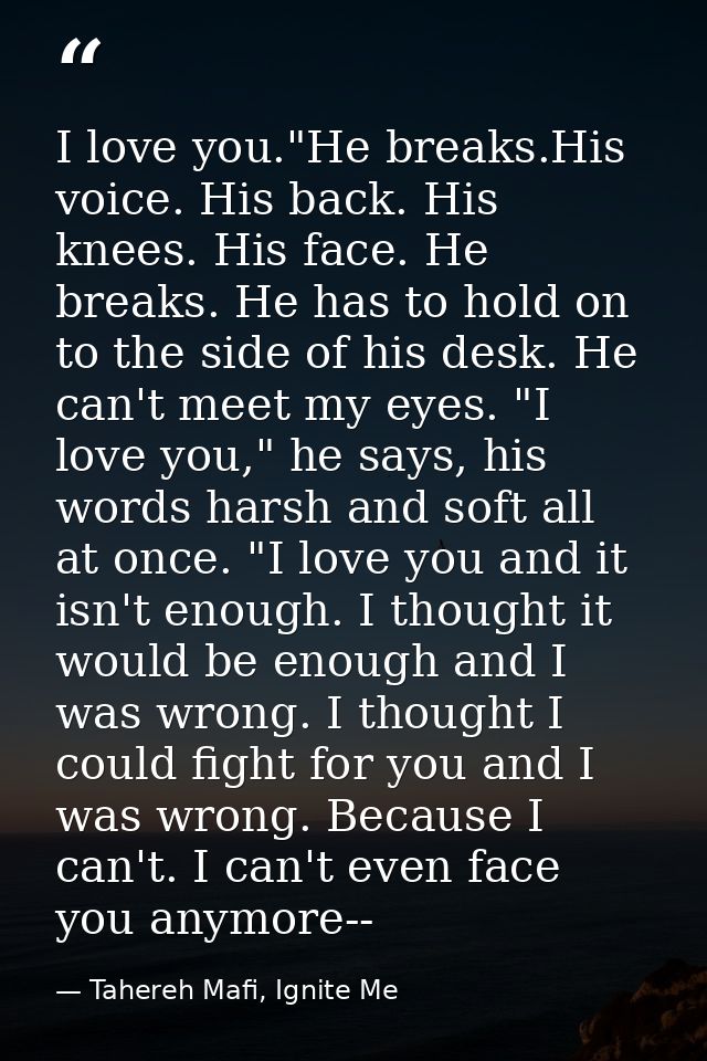 I love you."He breaks.His voice. His back. His knees. His face. He breaks. He has to hold on to the side of his desk. He — Tahereh Mafi, Ignite Me
