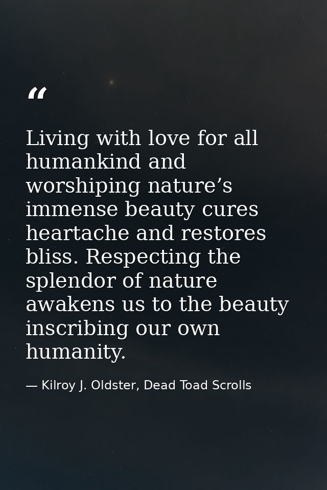 Living with love for all humankind and worshiping nature’s immense beauty cures heartache and restores bliss. Respecting — Kilroy J. Oldster, Dead Toad Scrolls