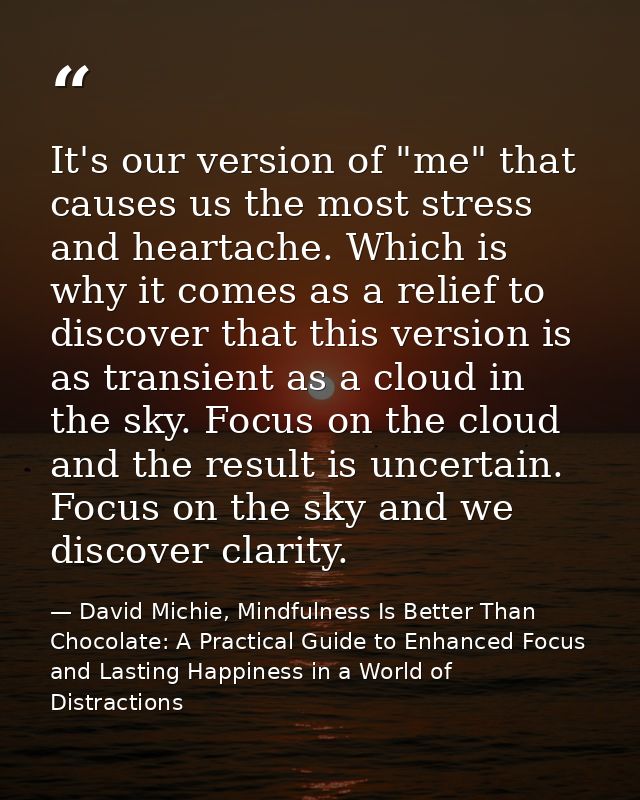 It's our version of "me" that causes us the most stress and heartache. Which is why it comes as a relief to discover tha — David Michie, Mindfulness Is Better Than Chocolate: A Practical Guide to Enhanced Focus and Lasting Happiness in a World of Distractions