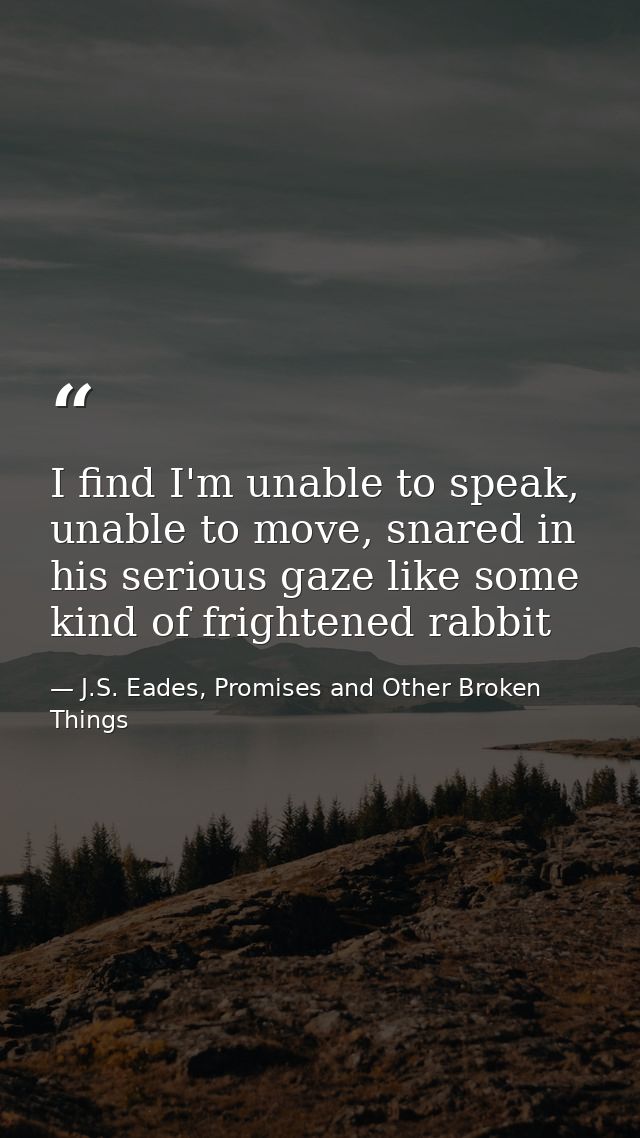 I find I'm unable to speak, unable to move, snared in his serious gaze like some kind of frightened rabbit — J.S. Eades, Promises and Other Broken Things