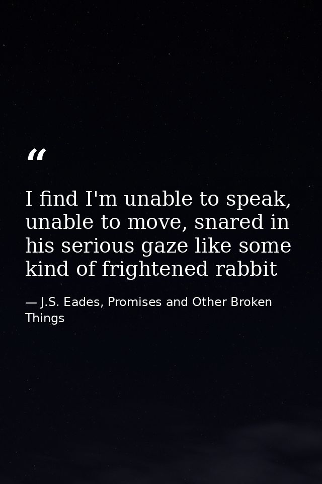 I find I'm unable to speak, unable to move, snared in his serious gaze like some kind of frightened rabbit — J.S. Eades, Promises and Other Broken Things