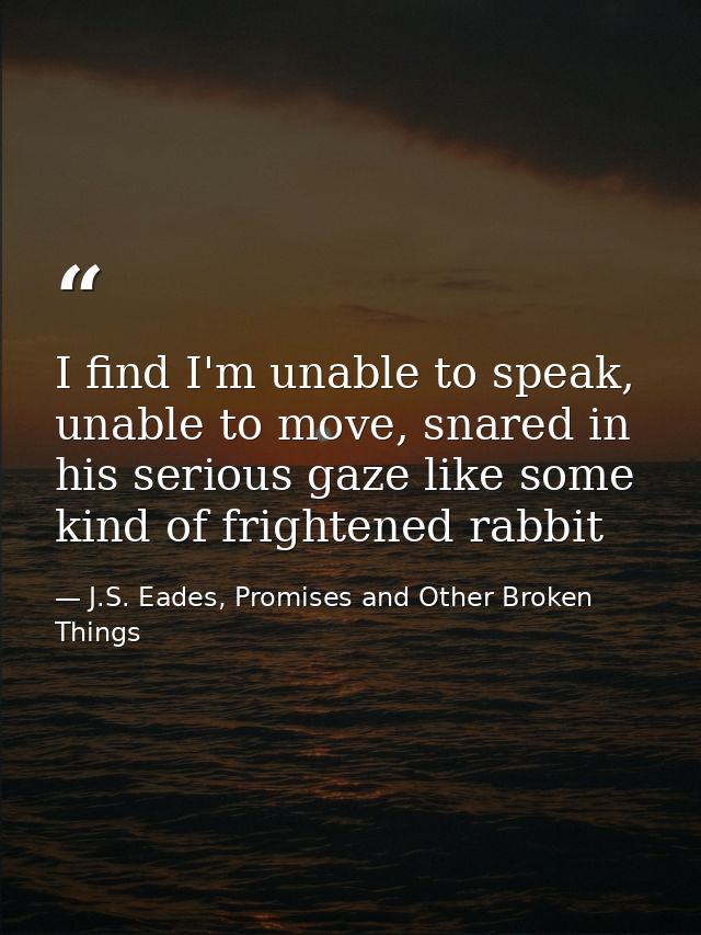 I find I'm unable to speak, unable to move, snared in his serious gaze like some kind of frightened rabbit — J.S. Eades, Promises and Other Broken Things