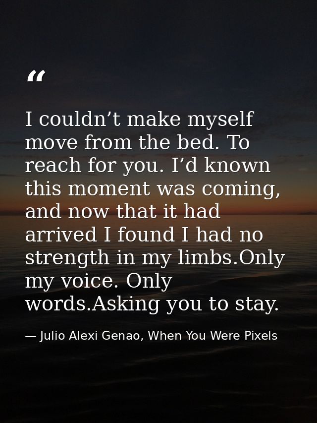 I couldn’t make myself move from the bed. To reach for you. I’d known this moment was coming, and now that it had arrive — Julio Alexi Genao, When You Were Pixels