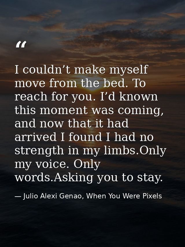 I couldn’t make myself move from the bed. To reach for you. I’d known this moment was coming, and now that it had arrive — Julio Alexi Genao, When You Were Pixels