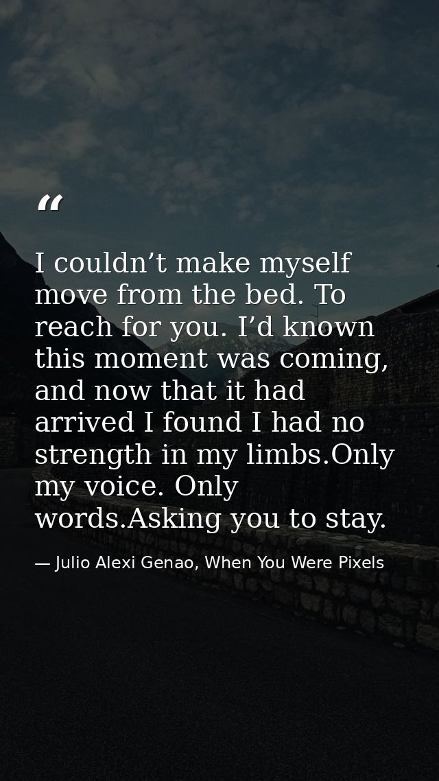 I couldn’t make myself move from the bed. To reach for you. I’d known this moment was coming, and now that it had arrive — Julio Alexi Genao, When You Were Pixels