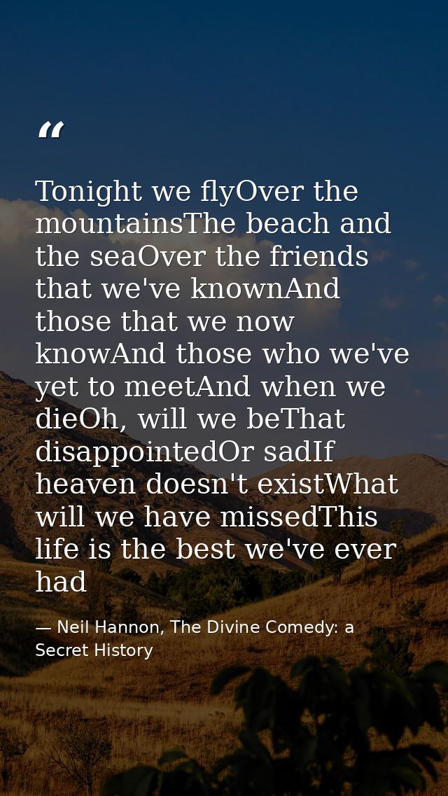 Tonight we flyOver the mountainsThe beach and the seaOver the friends that we've knownAnd those that we now knowAnd thos — Neil Hannon, The Divine Comedy: a Secret History