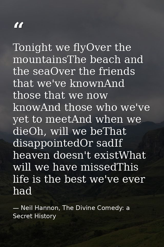 Tonight we flyOver the mountainsThe beach and the seaOver the friends that we've knownAnd those that we now knowAnd thos — Neil Hannon, The Divine Comedy: a Secret History