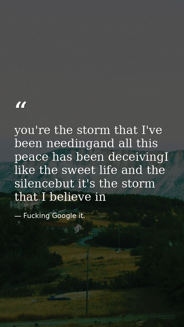 you're the storm that I've been needingand all this peace has been deceivingI like the sweet life and the silencebut it' — Fucking Google it.
