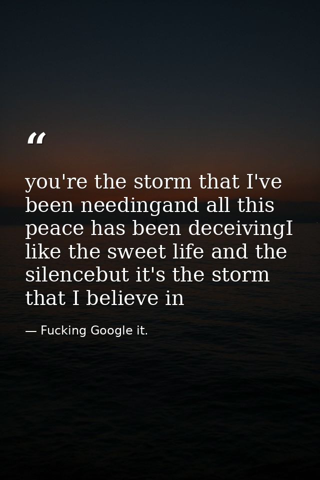 you're the storm that I've been needingand all this peace has been deceivingI like the sweet life and the silencebut it' — Fucking Google it.