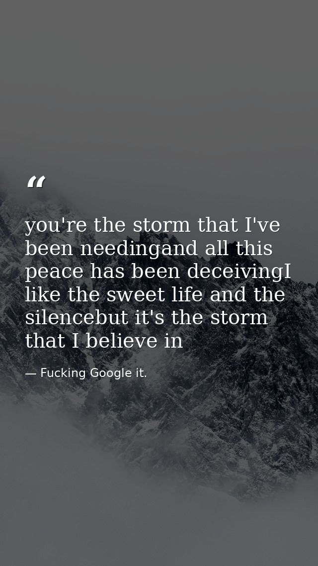 you're the storm that I've been needingand all this peace has been deceivingI like the sweet life and the silencebut it' — Fucking Google it.