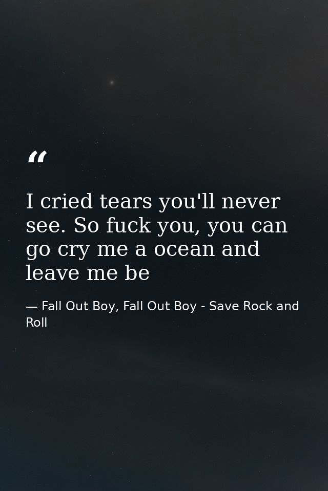 I cried tears you'll never see. So fuck you, you can go cry me a ocean and leave me be — Fall Out Boy, Fall Out Boy - Save Rock and Roll
