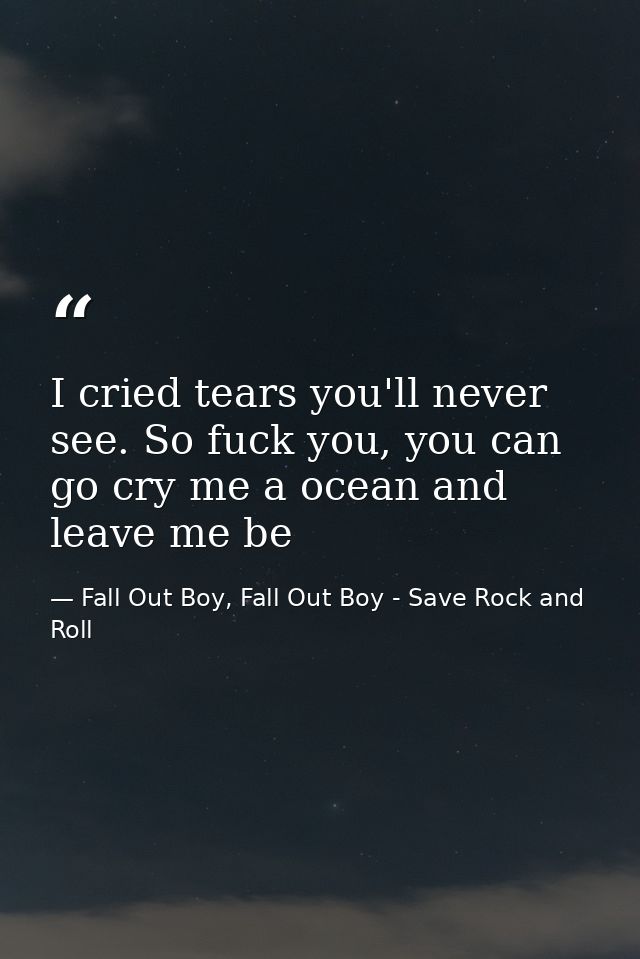 I cried tears you'll never see. So fuck you, you can go cry me a ocean and leave me be — Fall Out Boy, Fall Out Boy - Save Rock and Roll
