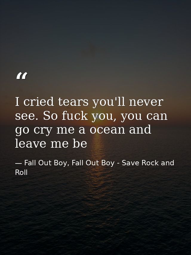 I cried tears you'll never see. So fuck you, you can go cry me a ocean and leave me be — Fall Out Boy, Fall Out Boy - Save Rock and Roll