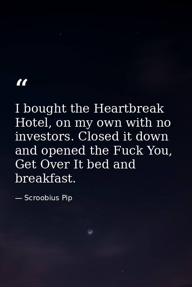 I bought the Heartbreak Hotel, on my own with no investors. Closed it down and opened the Fuck You, Get Over It bed and  — Scroobius Pip