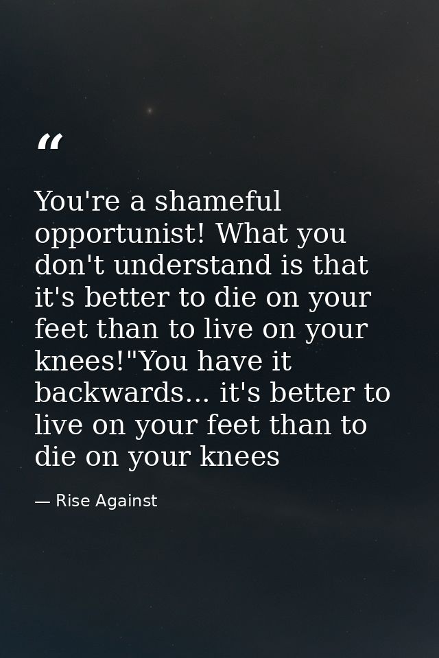 You're a shameful opportunist! What you don't understand is that it's better to die on your feet than to live on your kn — Rise Against