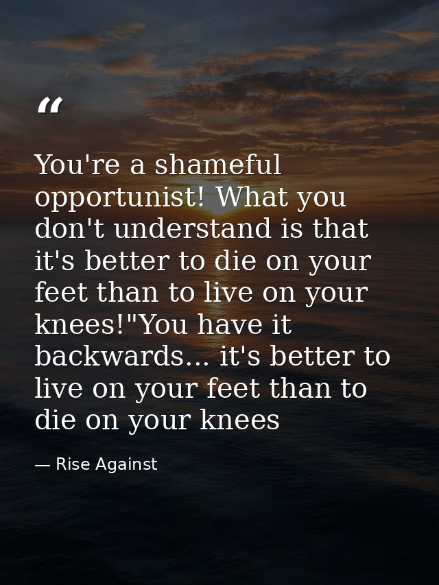 You're a shameful opportunist! What you don't understand is that it's better to die on your feet than to live on your kn — Rise Against
