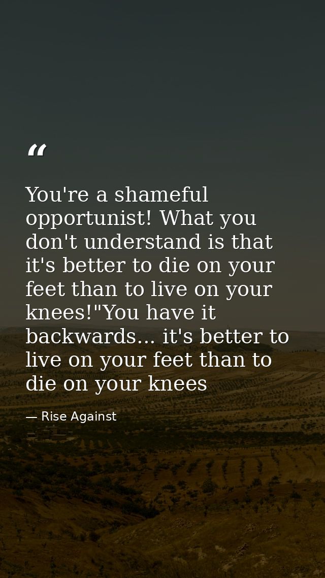 You're a shameful opportunist! What you don't understand is that it's better to die on your feet than to live on your kn — Rise Against