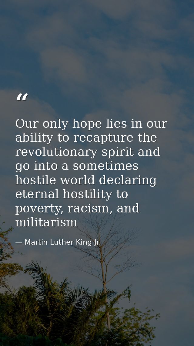 Our only hope lies in our ability to recapture the revolutionary spirit and go into a sometimes hostile world declaring  — Martin Luther King Jr.