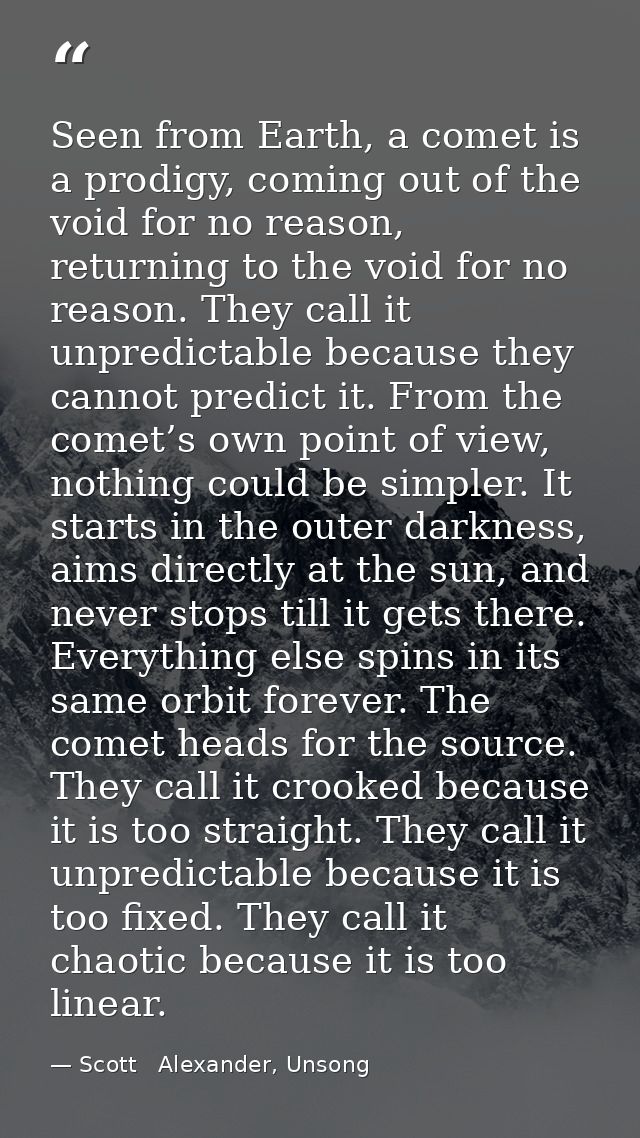 Seen from Earth, a comet is a prodigy, coming out of the void for no reason, returning to the void for no reason. They c — Scott   Alexander, Unsong