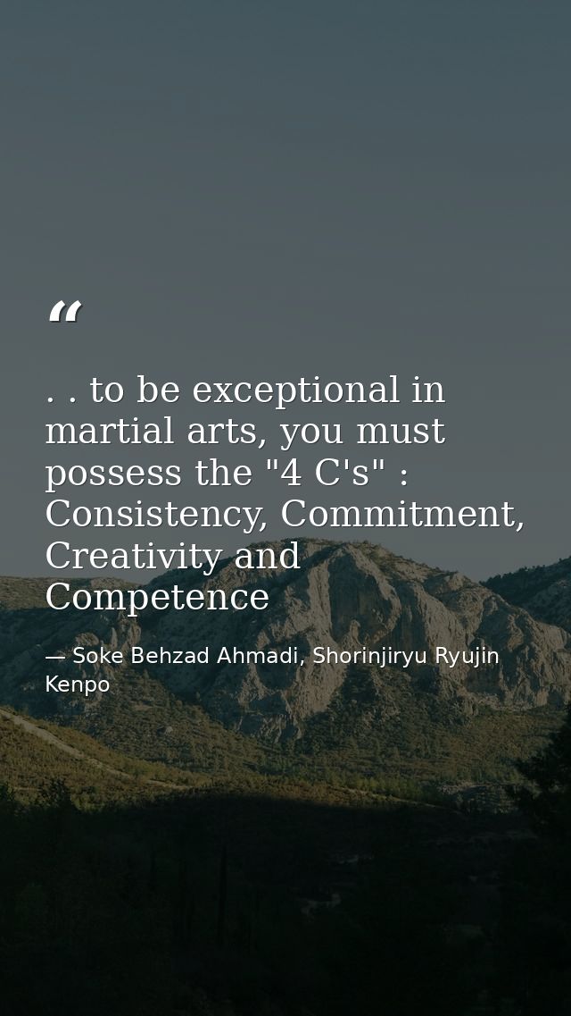 . . to be exceptional in martial arts, you must possess the "4 C's" : Consistency, Commitment, Creativity and Competence — Soke Behzad Ahmadi, Shorinjiryu Ryujin Kenpo