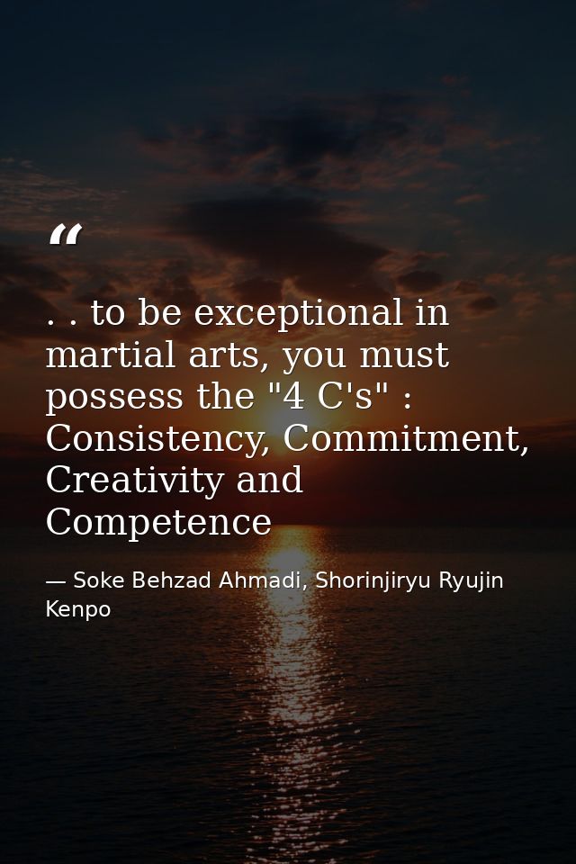 . . to be exceptional in martial arts, you must possess the "4 C's" : Consistency, Commitment, Creativity and Competence — Soke Behzad Ahmadi, Shorinjiryu Ryujin Kenpo