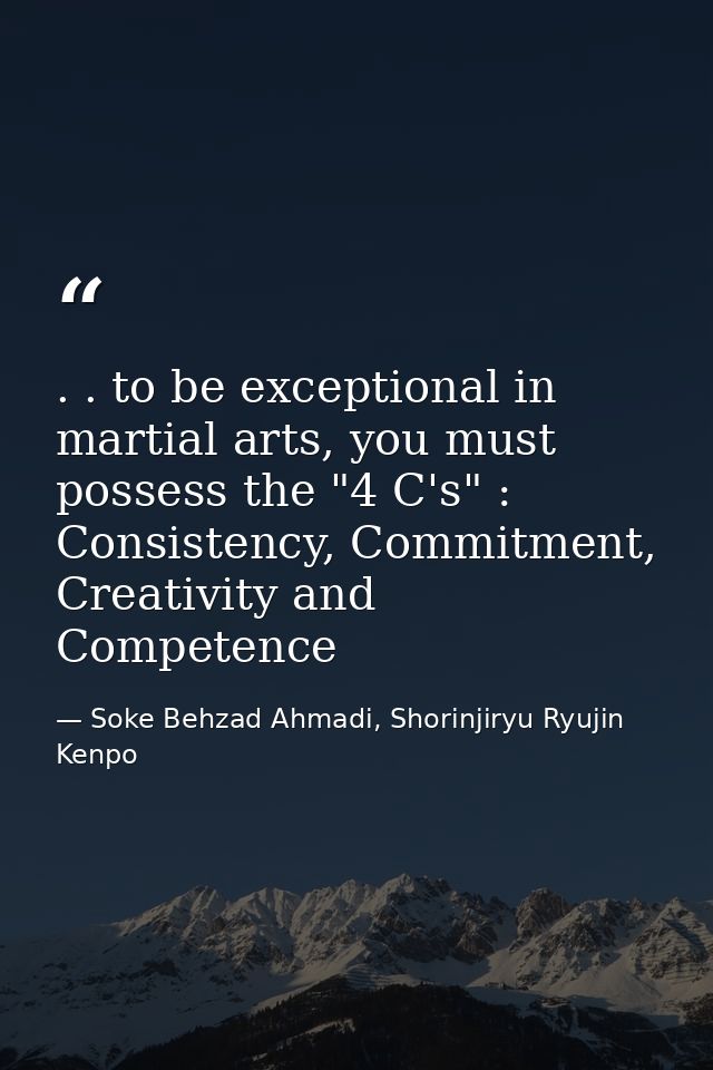 . . to be exceptional in martial arts, you must possess the "4 C's" : Consistency, Commitment, Creativity and Competence — Soke Behzad Ahmadi, Shorinjiryu Ryujin Kenpo