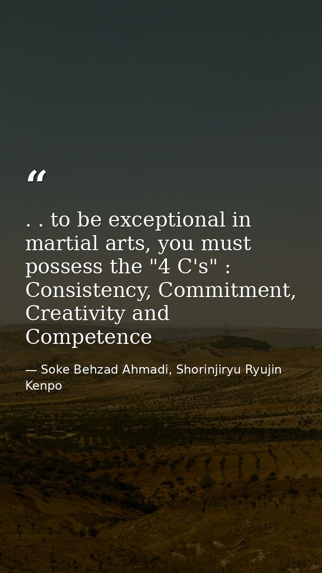 . . to be exceptional in martial arts, you must possess the "4 C's" : Consistency, Commitment, Creativity and Competence — Soke Behzad Ahmadi, Shorinjiryu Ryujin Kenpo