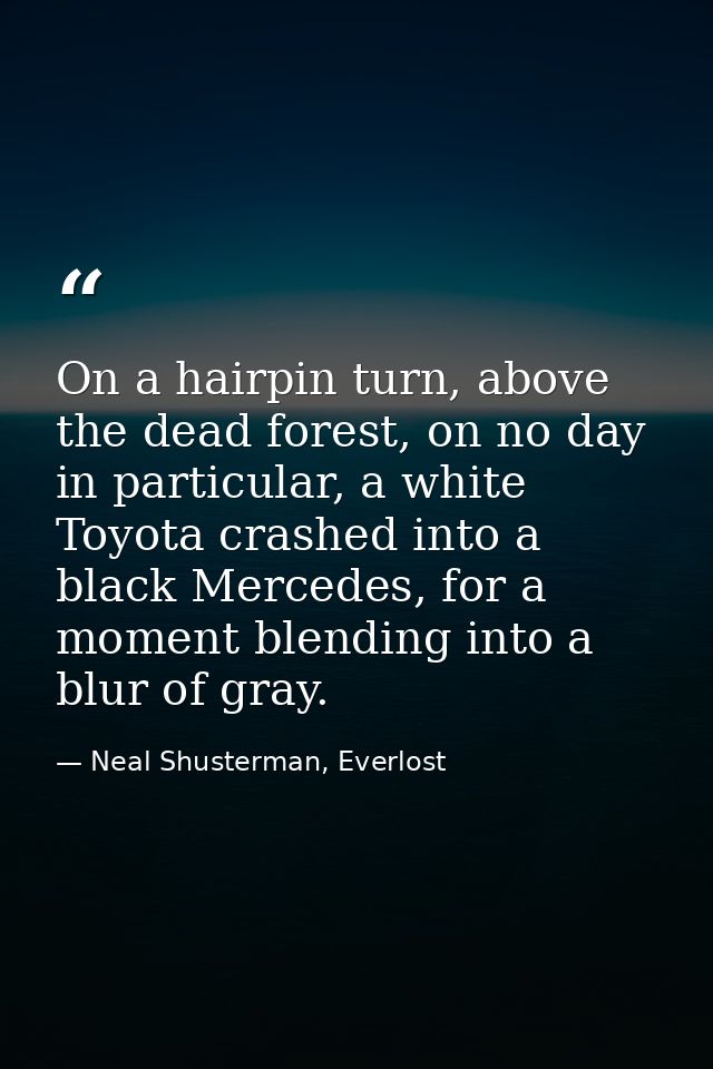 On a hairpin turn, above the dead forest, on no day in particular, a white Toyota crashed into a black Mercedes, for a m — Neal Shusterman, Everlost