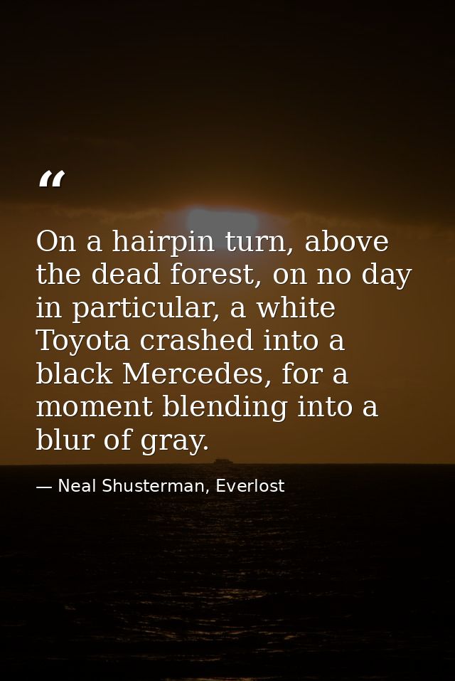 On a hairpin turn, above the dead forest, on no day in particular, a white Toyota crashed into a black Mercedes, for a m — Neal Shusterman, Everlost