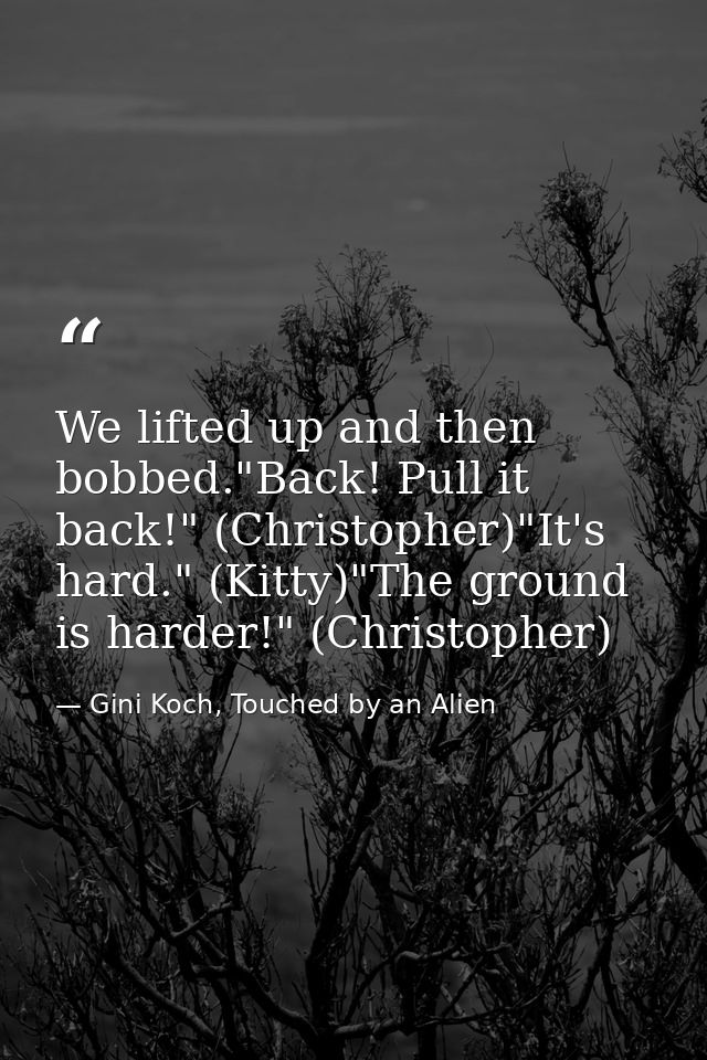 We lifted up and then bobbed."Back! Pull it back!" (Christopher)"It's hard." (Kitty)"The ground is harder!" (Christopher — Gini Koch, Touched by an Alien